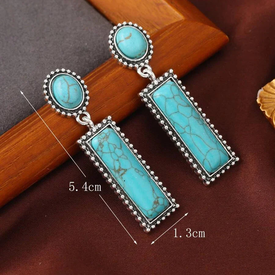 Bohemian Turquoise Geometric Rectangle and Oval Earrings