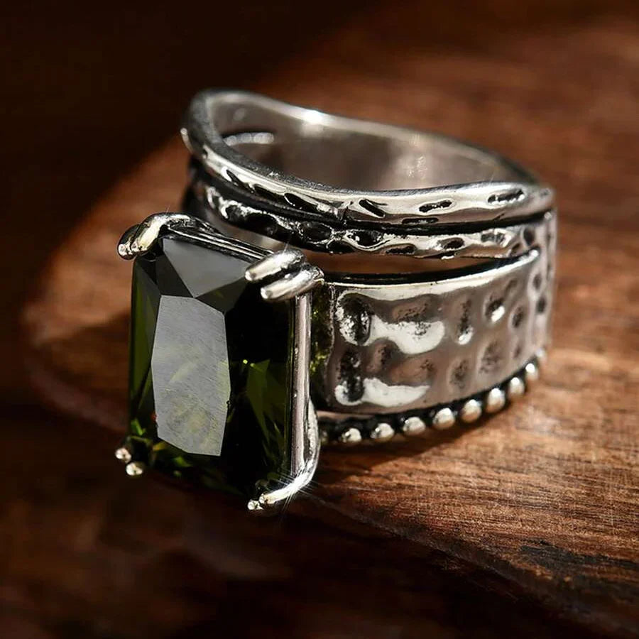 Vintage-Style Bohemian Geometric-Cut Zircon Silver-Plated Ring