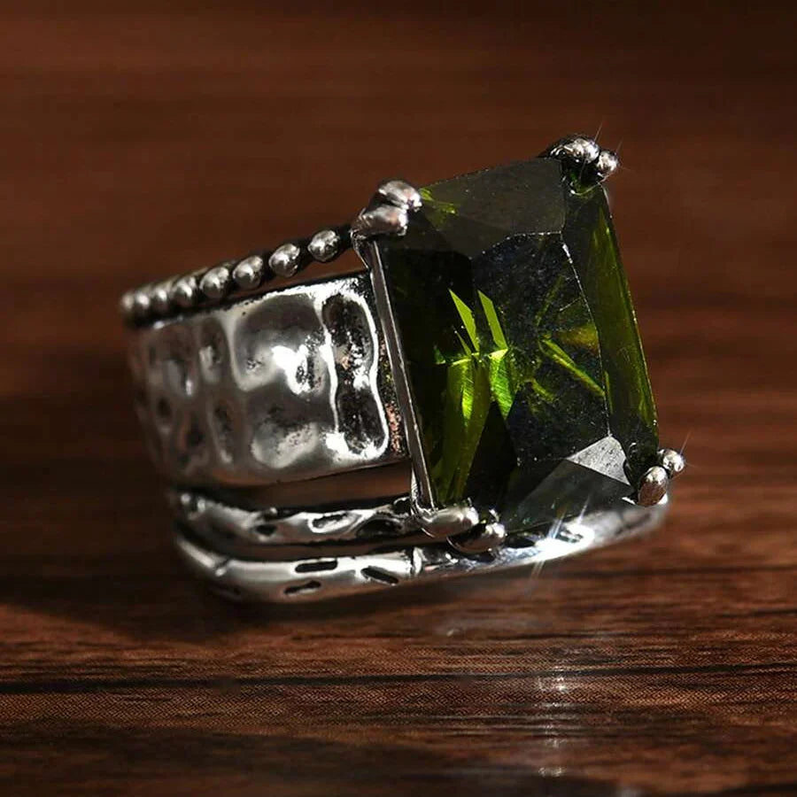 Vintage-Style Bohemian Geometric-Cut Zircon Silver-Plated Ring