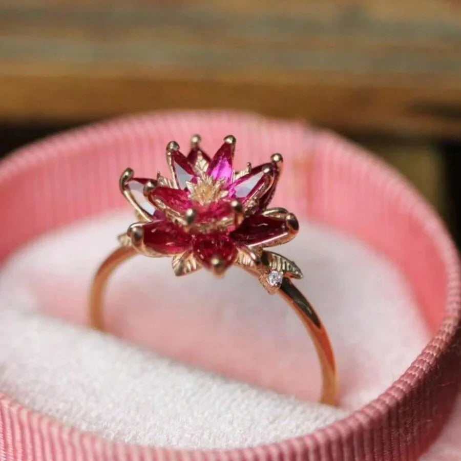Vintage-Style Handmade Red Cubic Zirconia Lotus Flower Ring
