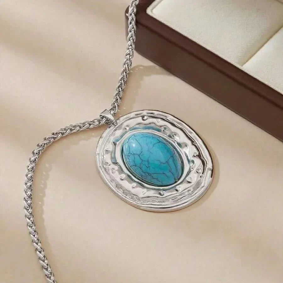 Vintage Snakeskin Chain Faux Turquoise Pendant Necklace