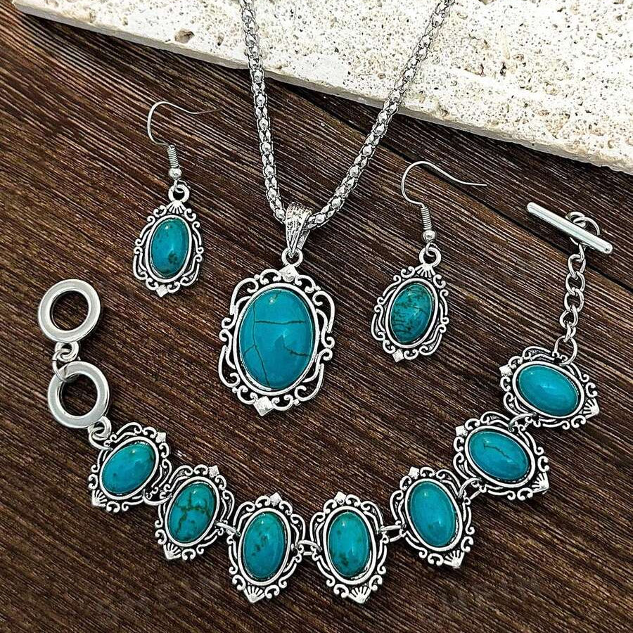 Vintage Bohemian Turquoise Floral Geometric Jewellery Set