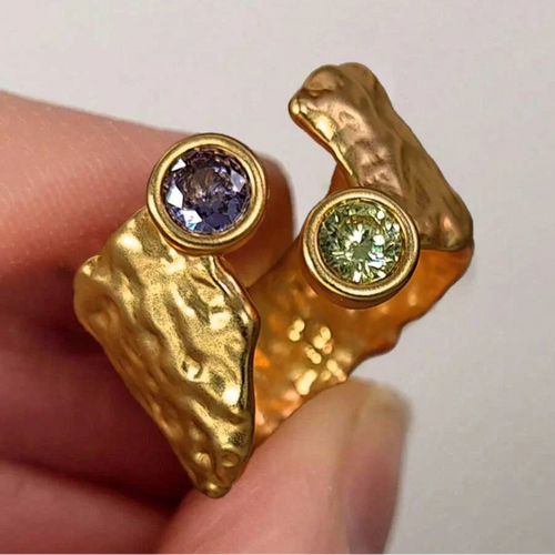 Adjustable Asymmetric Hammered Gold-Plated Zirconia Ring