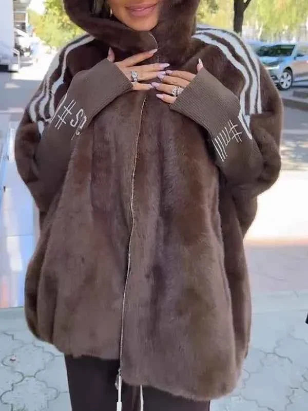 Oversized Winter Coat with Hood and Soft Fluffy Texture