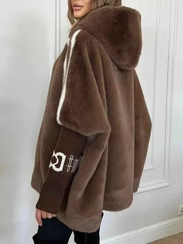 Oversized Winter Coat with Hood and Soft Fluffy Texture