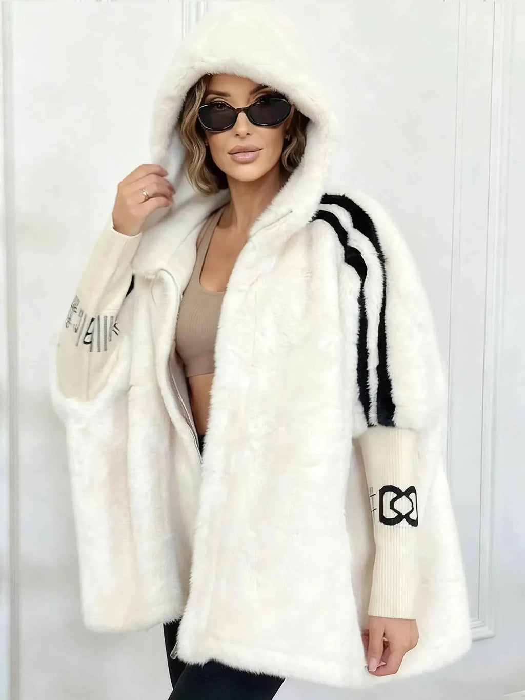 Oversized Winter Coat with Hood and Soft Fluffy Texture