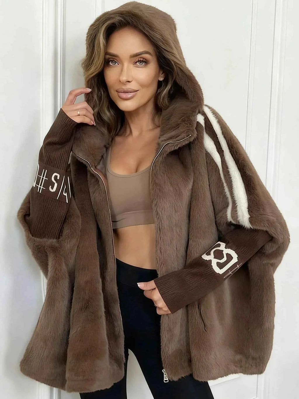 Oversized Winter Coat with Hood and Soft Fluffy Texture