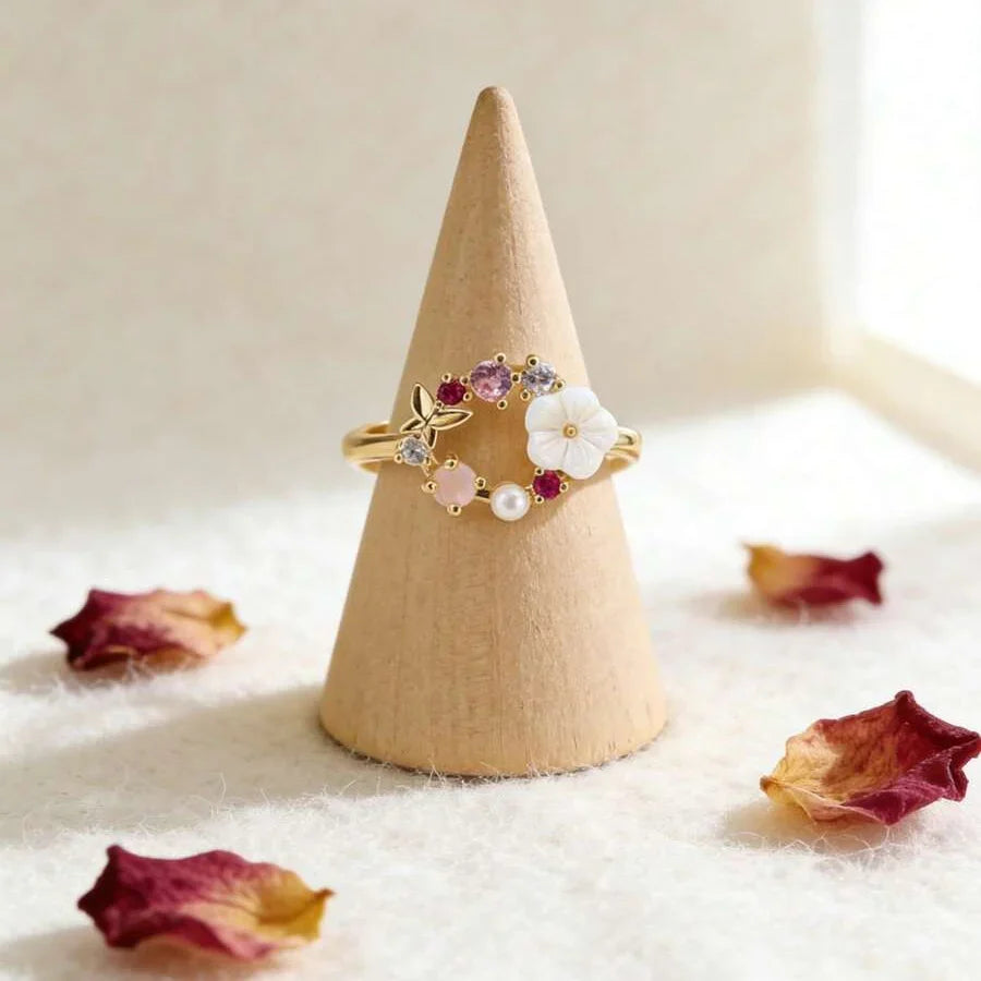 Flower Faux Pearl and Micro-Inlaid Zirconia Butterfly Ring