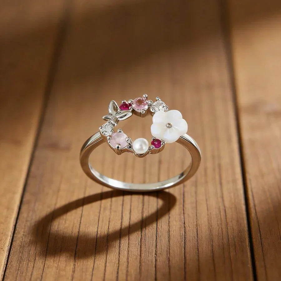 Flower Faux Pearl and Micro-Inlaid Zirconia Butterfly Ring