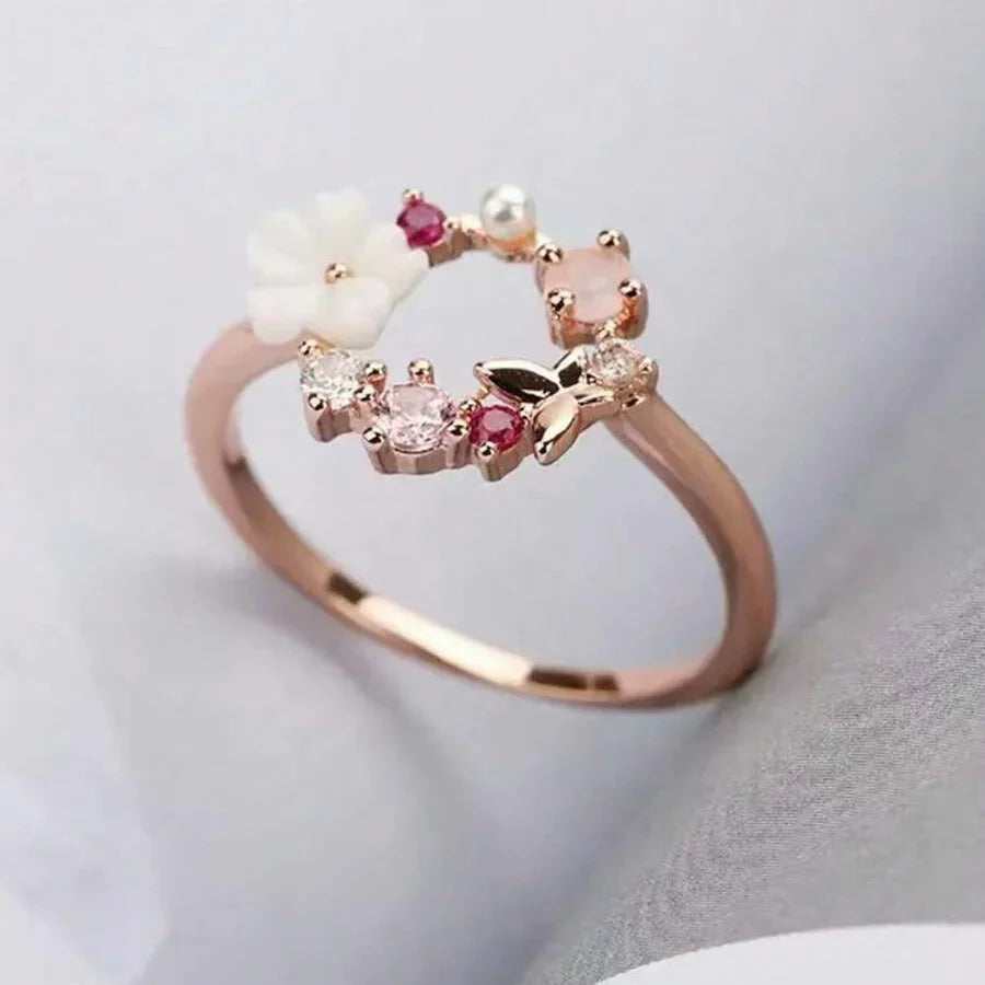 Flower Faux Pearl and Micro-Inlaid Zirconia Butterfly Ring