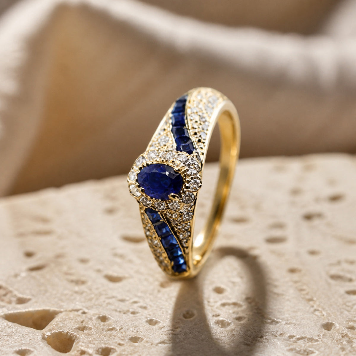 Gold-Tone Wave Ring with Blue Marquise Stones