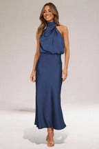 Draped Halter Neck Sleeveless Blouson Maxi Dress