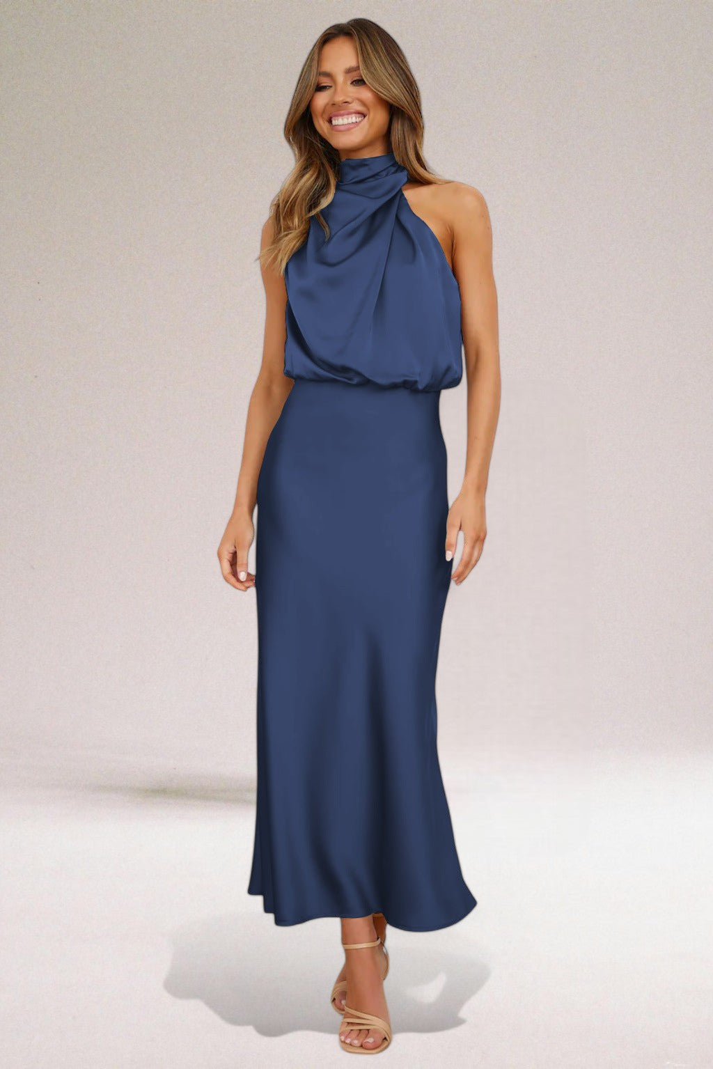 Draped Halter Neck Sleeveless Blouson Maxi Dress