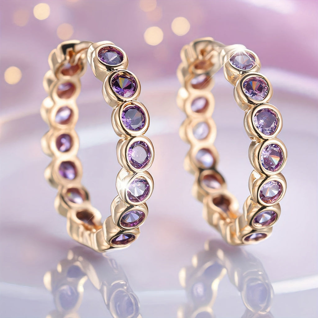 Ethnic-Style Purple Zirconia Crystal Hoop Earrings