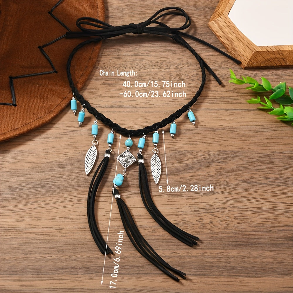 Bohemian Turquoise Bead Feather Tassel Necklace