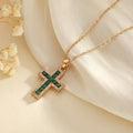 Emerald-Look Baguette Cross Necklace in Gold Tone