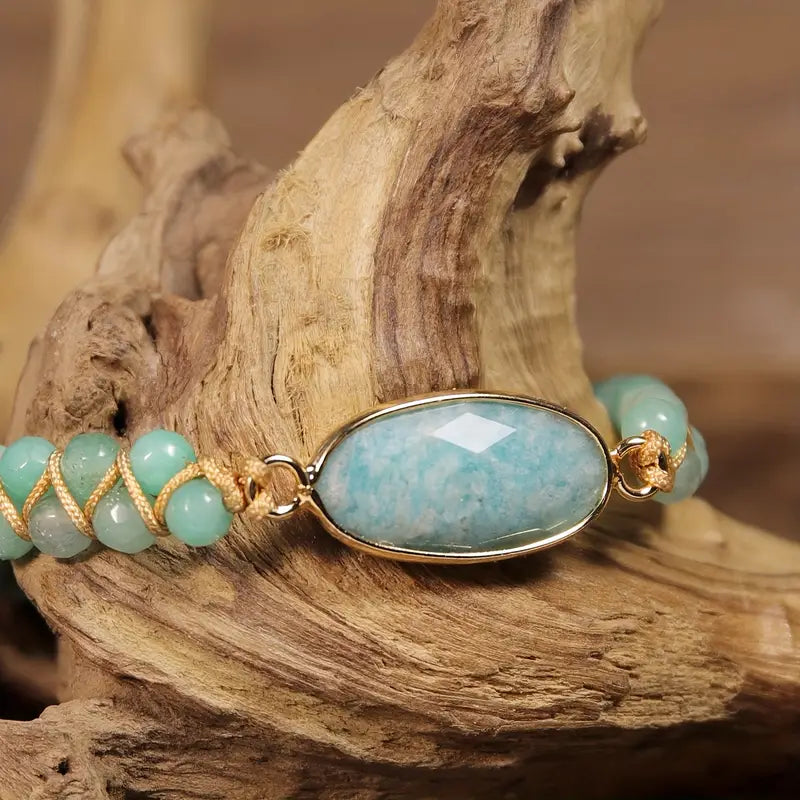 Amazonite Bracelet with Oval Centrepiece Framed in Gold Tone