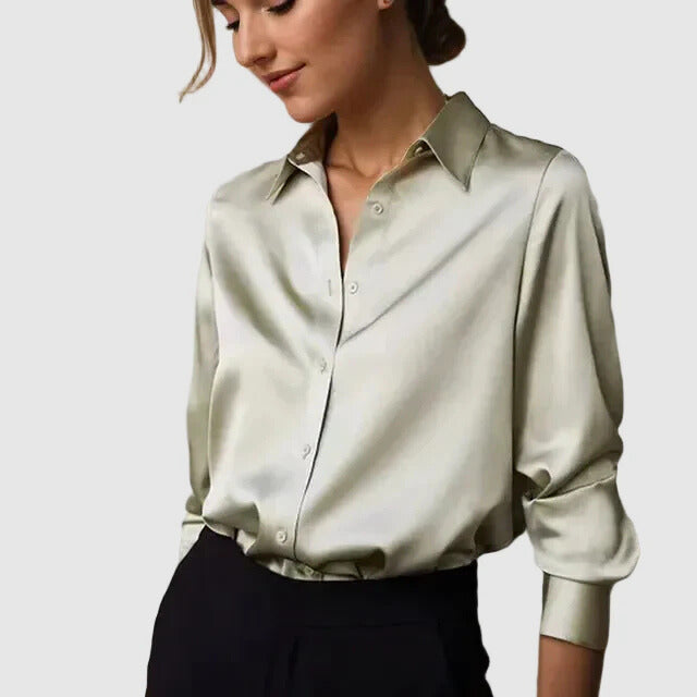 Satin Long Sleeve Button-Down Blouse