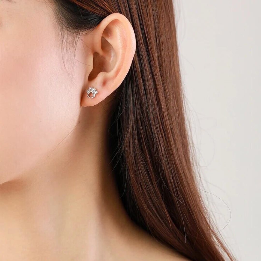 Sterling Silver Paw Stud Earrings with Zirconia