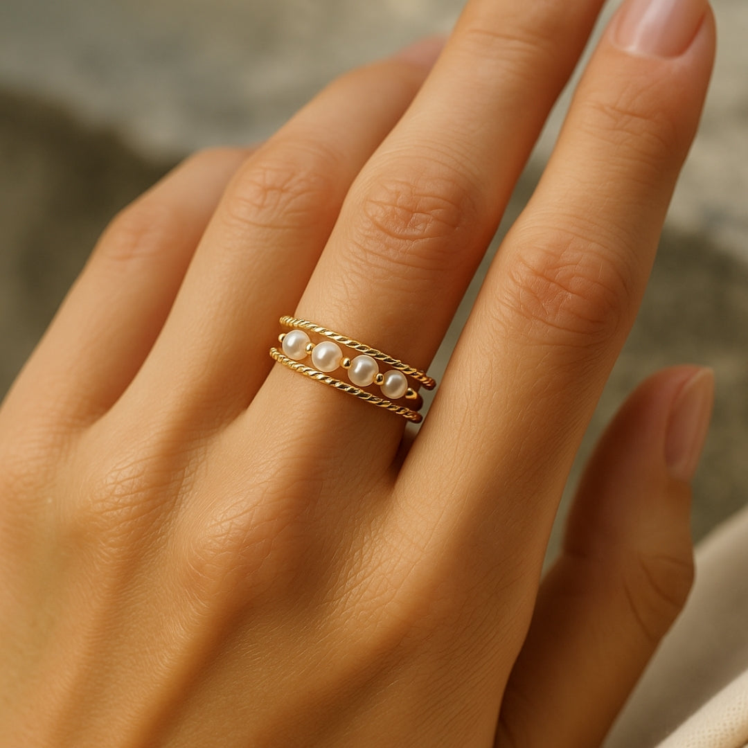 Adjustable Pearl Trail Braided Gold-Tone Ring