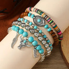 Boho Western Layered Bracelet Set with Turquoise, Silver and Wood