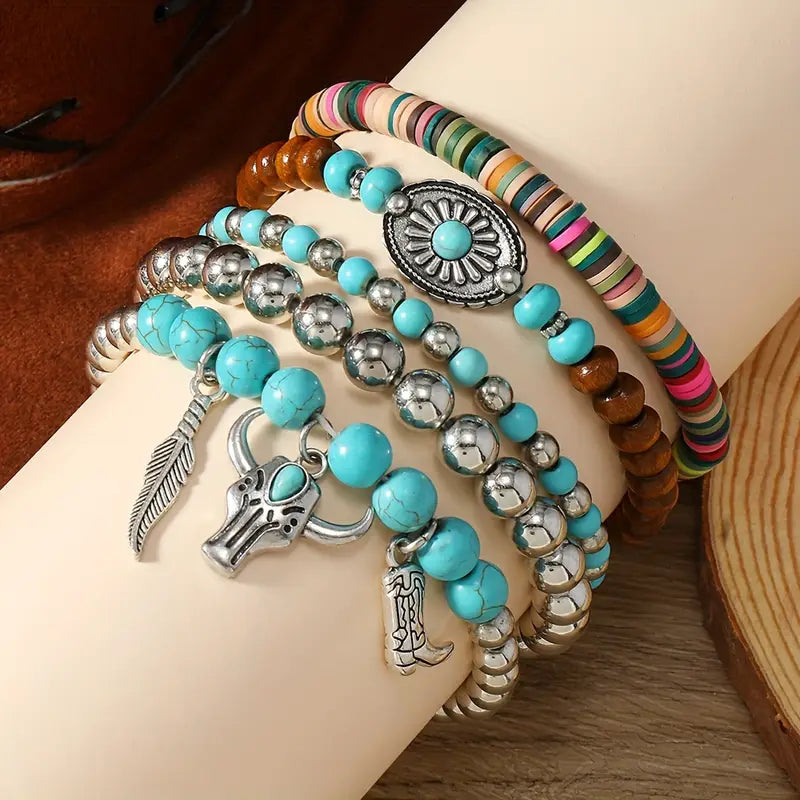 Boho Western Layered Bracelet Set with Turquoise, Silver and Wood