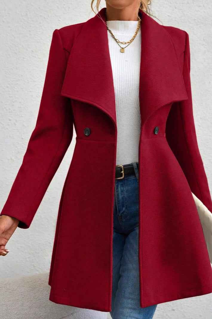Slim Fit Longline Coat with Notched Collar and Defined Waist
