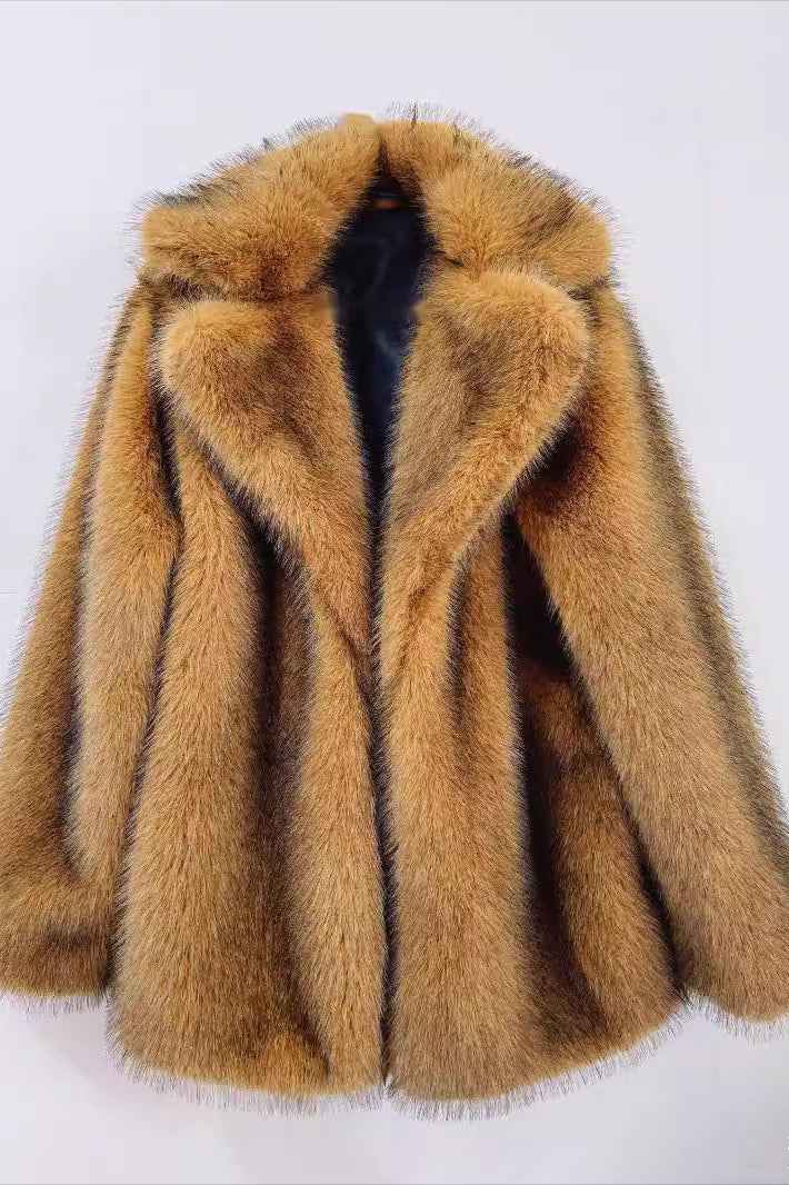 Mid Length Coat with Faux Fur Collar and Tailored Shape