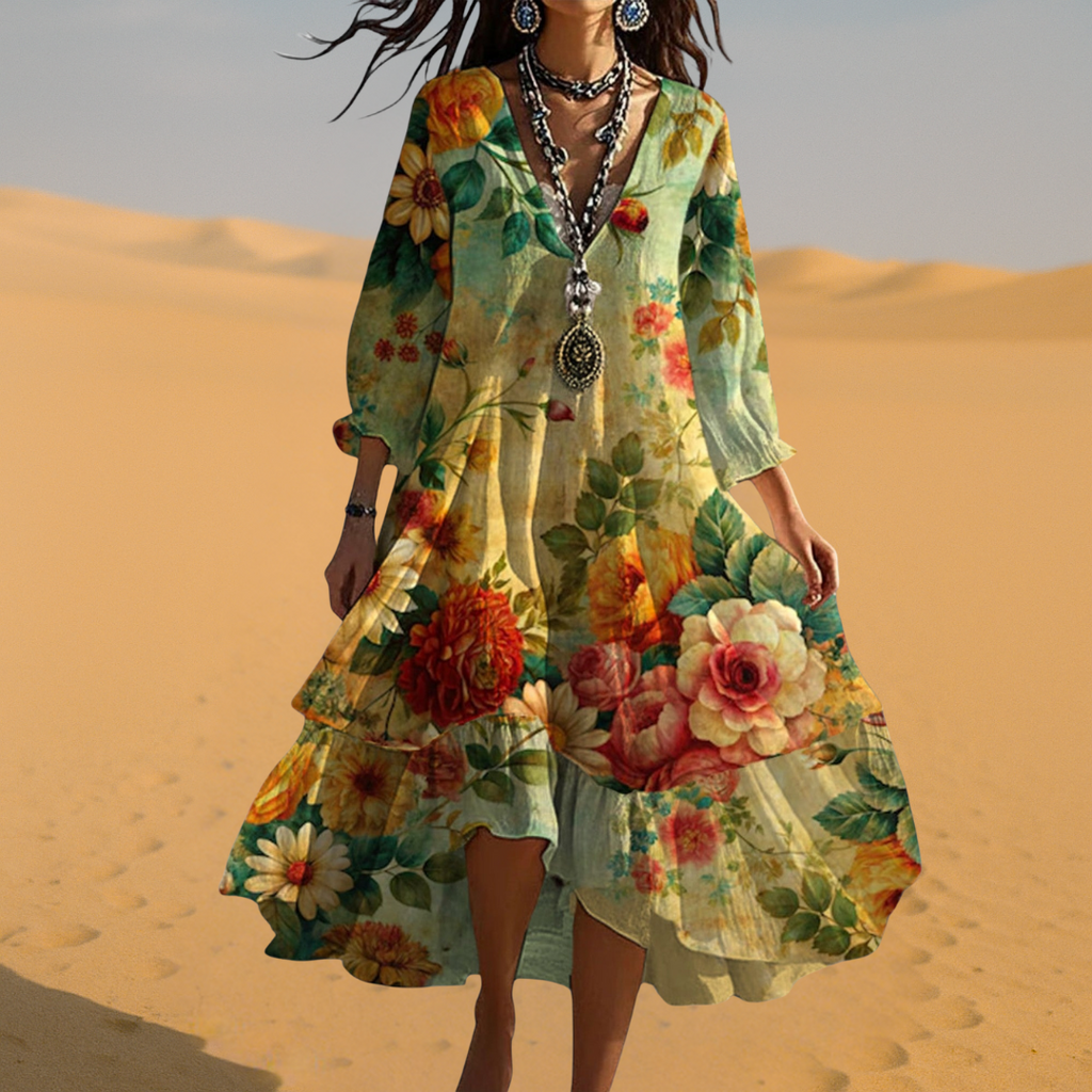 Boho zomerjurk met bloemenprint, V-hals en vloeiende snit