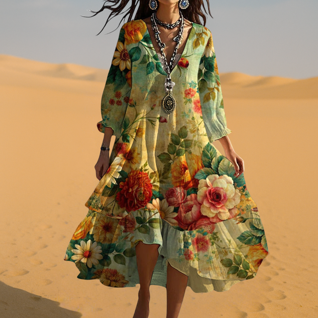 Boho zomerjurk met bloemenprint, V-hals en vloeiende snit