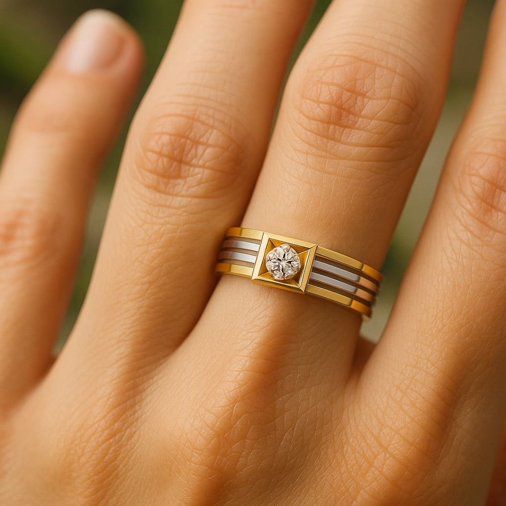 Inlaid Round Crystal Two-Tone Ring