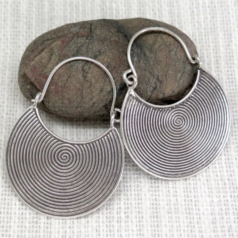 Bohemian Spiral Oxidised Disc Silver-Plated Earrings