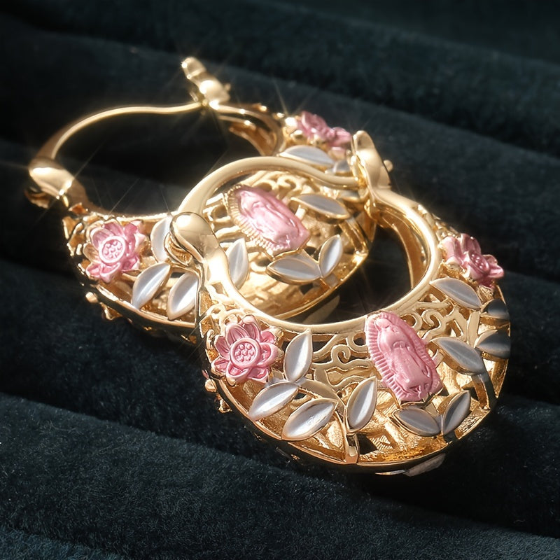 Vintage boho vergulde oorringen met roze bloemen