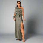 One-Shoulder Front-Slit Gathered-Waist Maxi Dress
