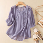 Embroidered Mid-Sleeve Blouse with Asymmetric Button Front