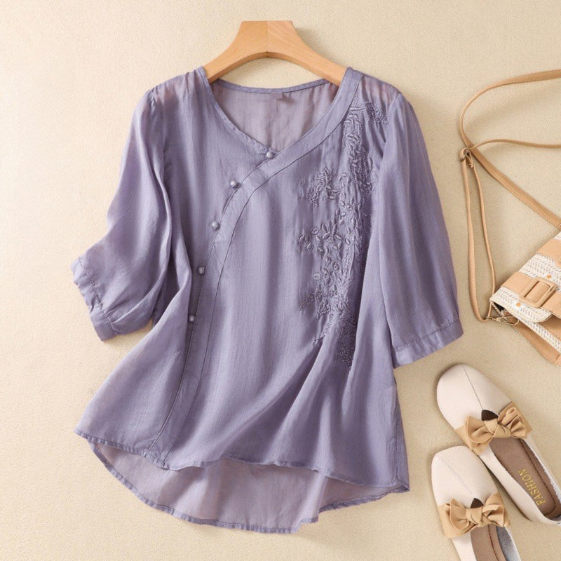 Embroidered Mid-Sleeve Blouse with Asymmetric Button Front
