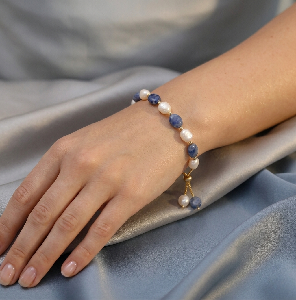 Freshwater Pearl and Blue Stone Bracelet with Ocean Theme