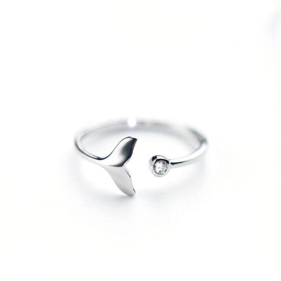 Adjustable 925 Sterling Silver Dolphin Tail Ring with Zirconia