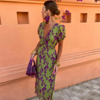 Pleated Tie-Waist V-Neck Short Sleeve Midi Dress