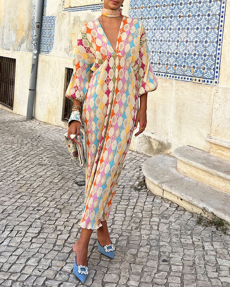 Loose V-Neck Long Sleeve Blouson Maxi Dress
