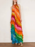 Halter Neck Ruffled Layered Skirt Maxi Dress