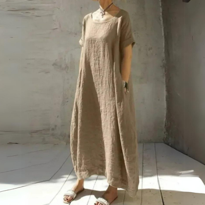 Round Neck Short Sleeve Textured Linen Maxi Dress