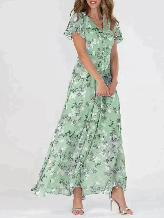 Floral V-Neck Flutter Sleeve Flowing Maxi Dress