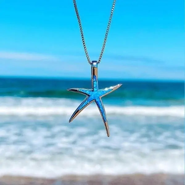 Blue Opal-Look and Silver-Tone Starfish Necklace