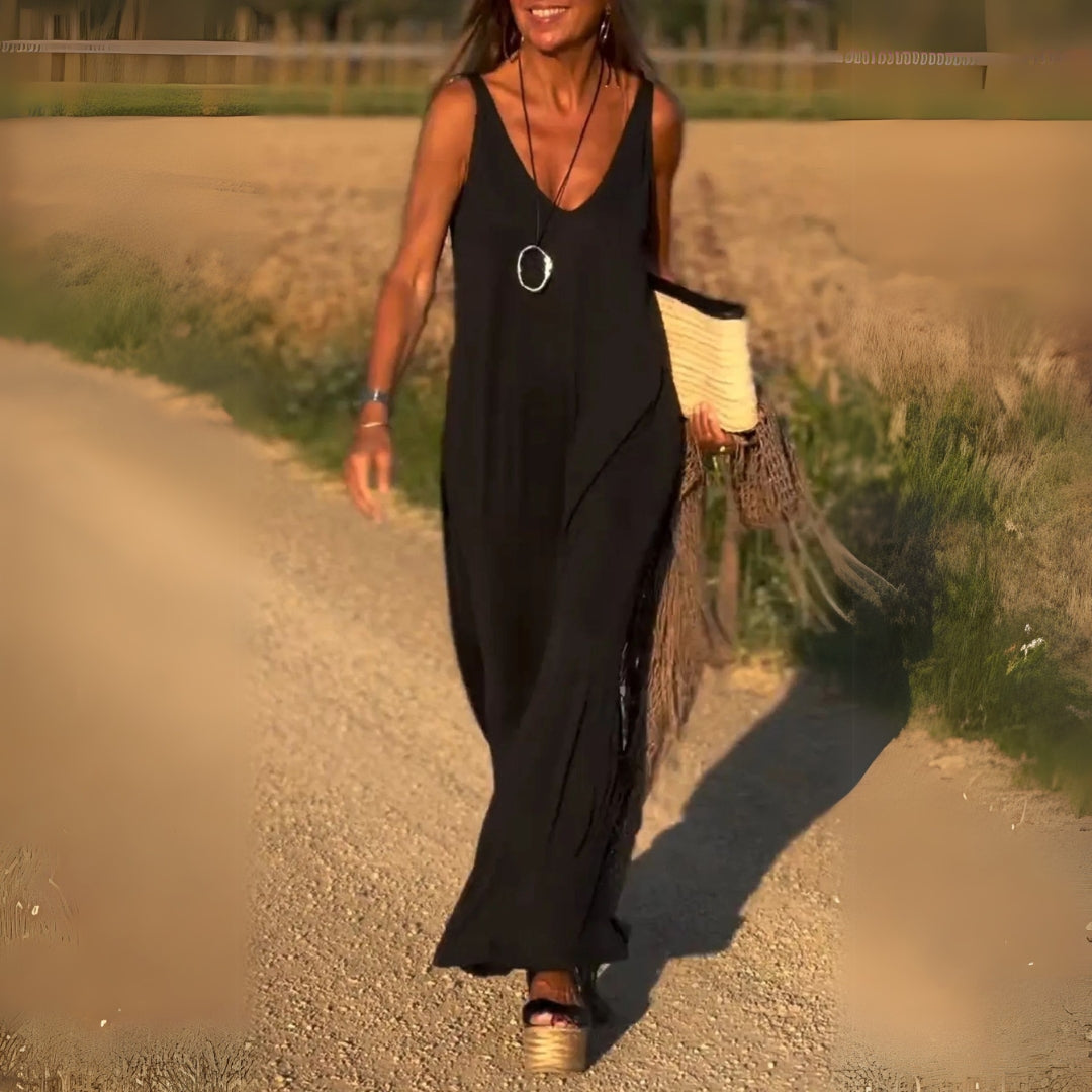 V-Neck Sleeveless Side Slit Flowing Maxi Dress