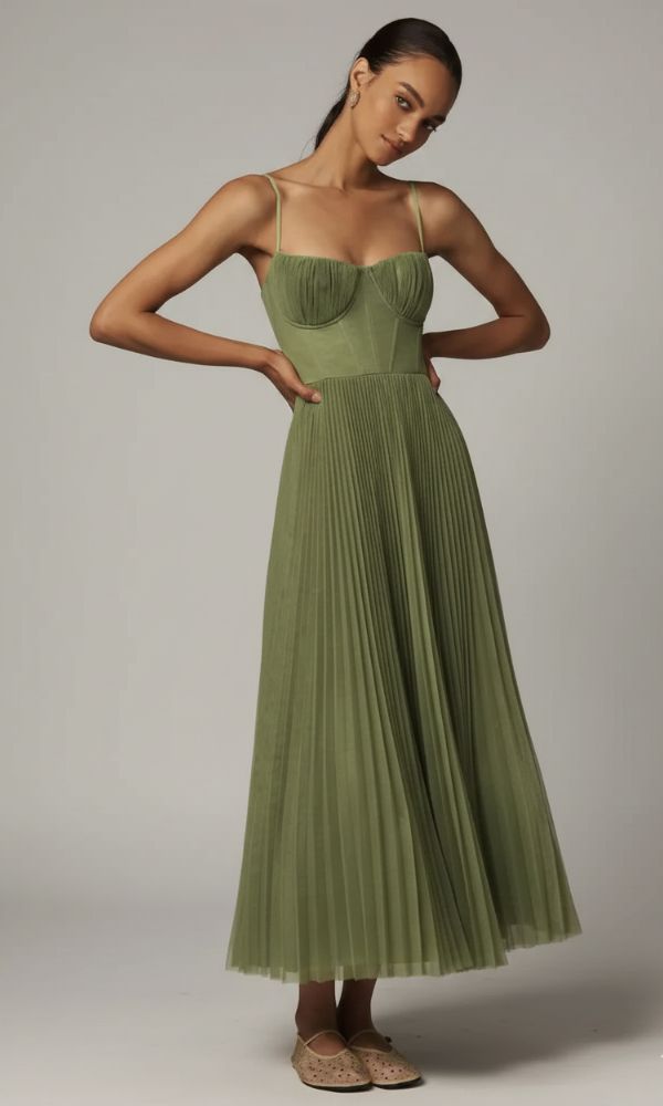 Pleated Corset-Bodice Slim-Strap Maxi Dress