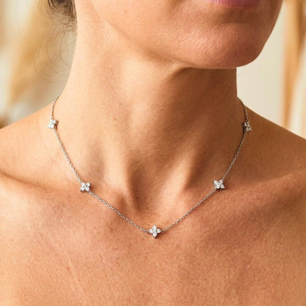 Flower Inlaid Zirconia Necklace in Two Metal Tones