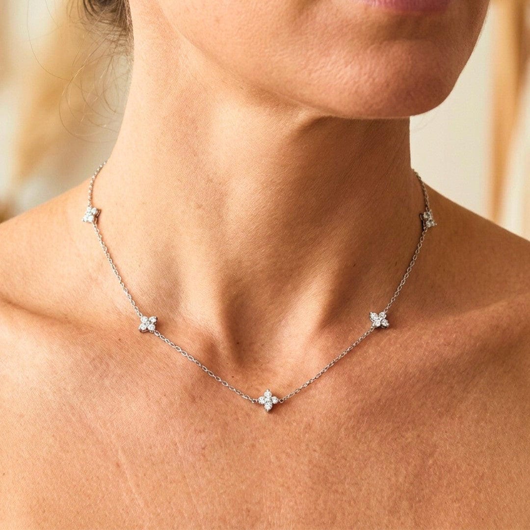 Flower Inlaid Zirconia Necklace in Two Metal Tones