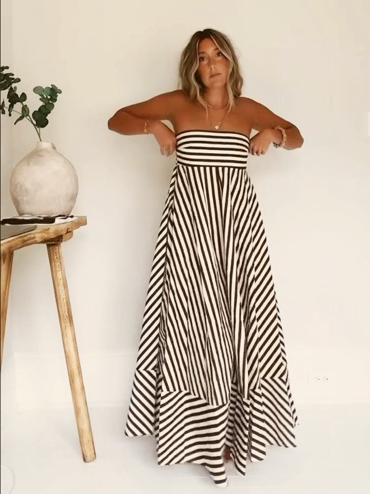 Vertical Stripe Strapless Loose-Fit Maxi Dress