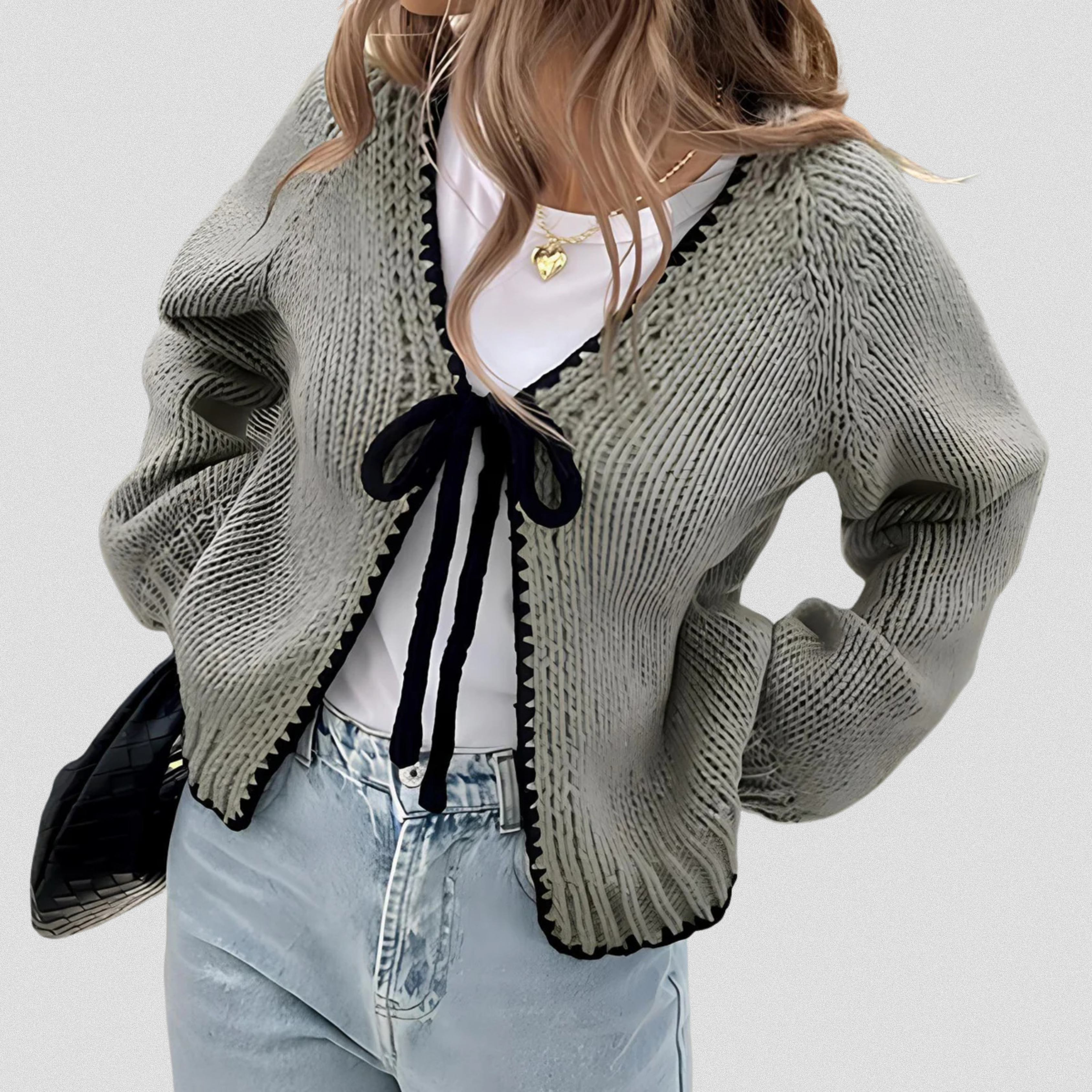 Open-Front Cardigan with Long Sleeves and a Ribbon Tie